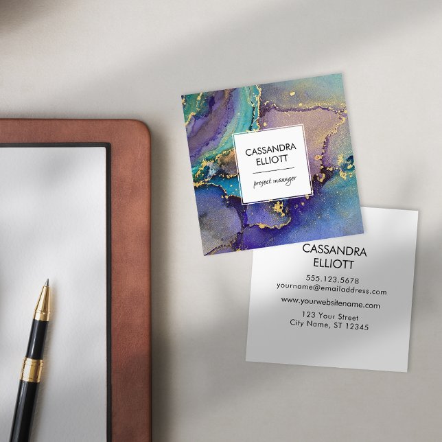Marbled Colourful Gold Abstract Liquid Art Square Business Card (Creator Uploaded)