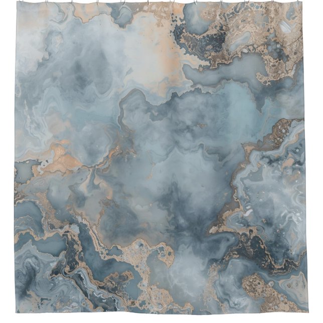 Marbled Dusty Blue Grey Tan Contemporary Shower Curtain (Front)