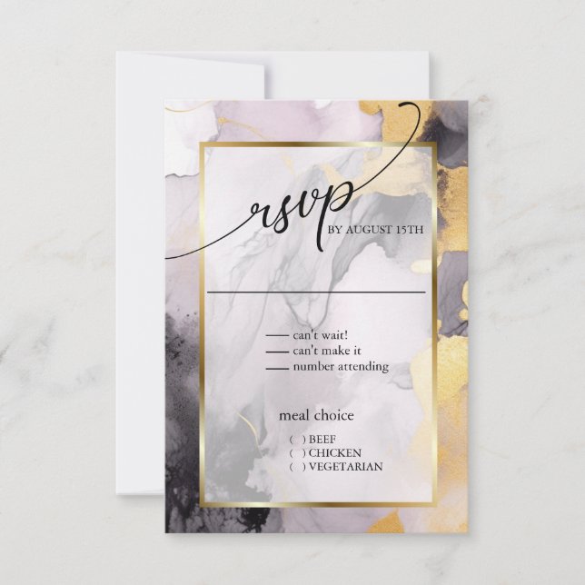  Marbled Dusty Rose Black Gold Abstract RSVP Card (Front)