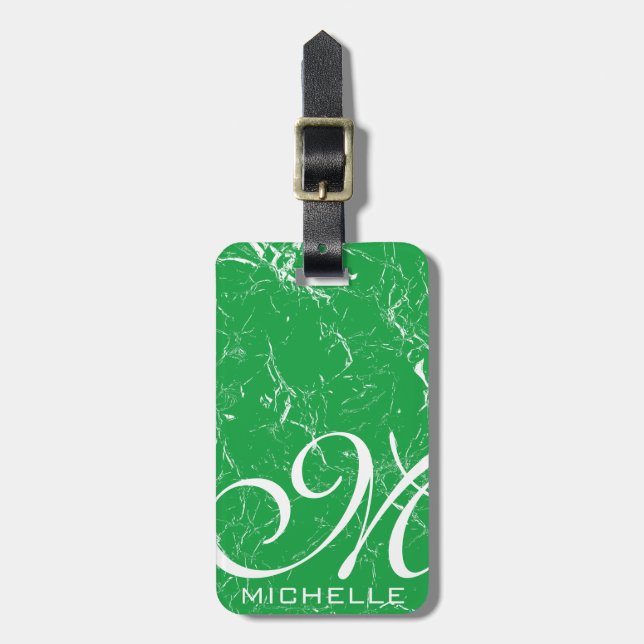 Marbled Green Script Monogrammed Luggage Tag (Front Vertical)