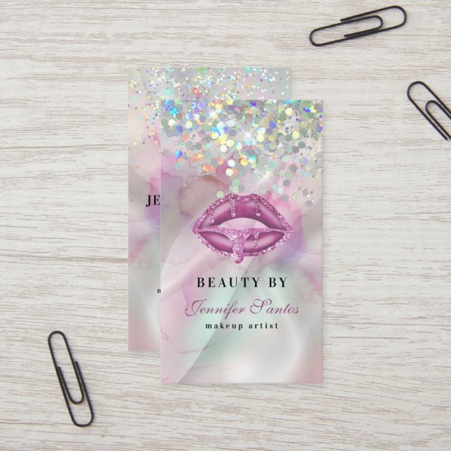 Marbled Holographic Glitter Lips QR Code Beauty Business Card (Front/Back In Situ)