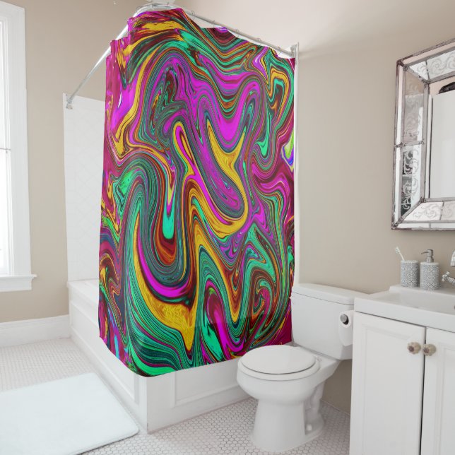 Marbled Hot Pink and Sea Foam Green Abstract Art Shower Curtain (In Situ)