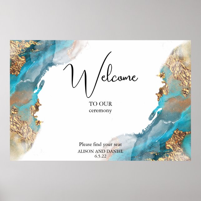 Marbled Ink Turquoise and Gold  Poster (Front)