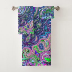 Marbled Lime Green and Purple Abstract Retro Swirl Bath Towel Set