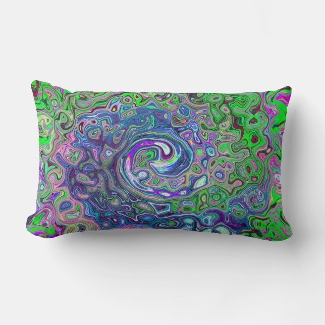 Marbled Lime Green and Purple Abstract Retro Swirl Lumbar Cushion (Front)