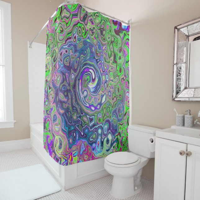 Marbled Lime Green and Purple Abstract Retro Swirl Shower Curtain (In Situ)