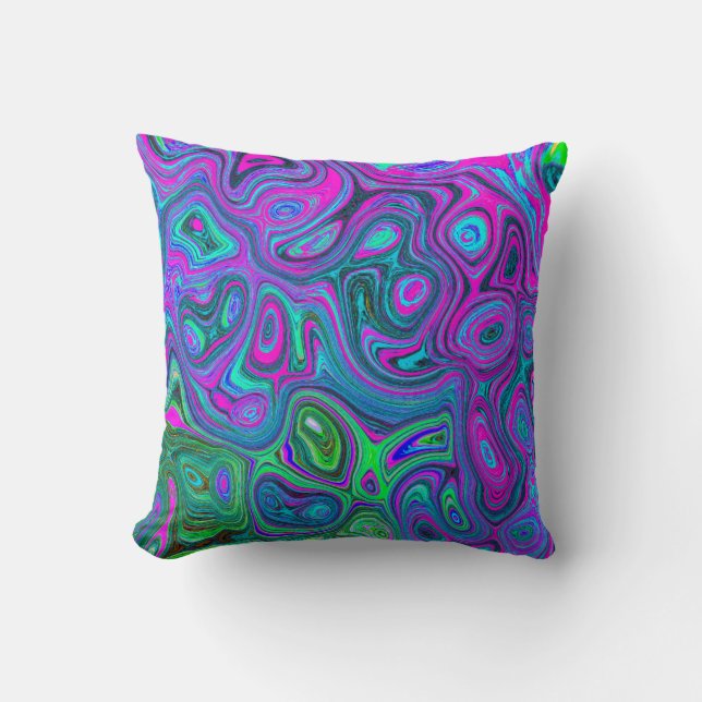 Marbled Magenta and Lime Green Groovy Abstract Art Cushion (Front)