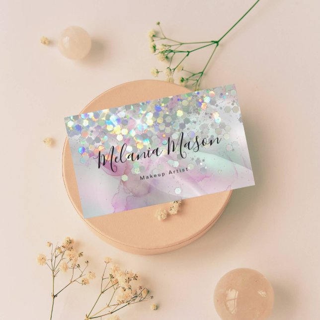 Marbled Makeup Artist Holographic Glitter QR Code Business Card (Creator Uploaded)