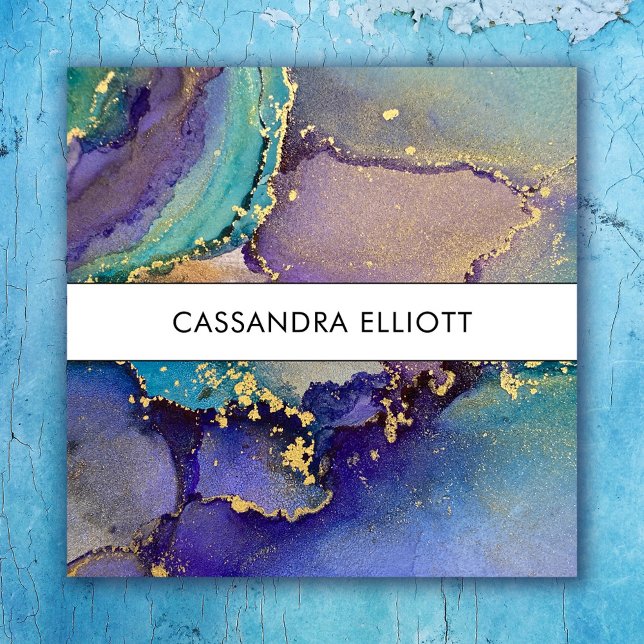 Marbled Multicolored & Gold Abstract Liquid Art Square Business Card (Creator Uploaded)