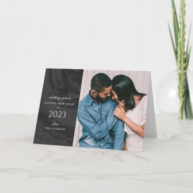 Marbled New Year's Photo Greeting Card - Black (Front)