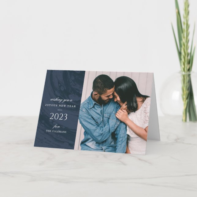 Marbled New Year's Photo Greeting Card - Blue (Front)