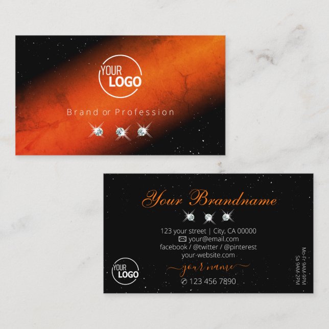 Marbled Orange Black Sparkling Jewels Add Logo Business Card (Front/Back)