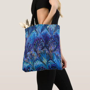 MARBLED PAPER,ABSTRACT BLUE PEACOCK PATTERN,SWIRLS TOTE BAG