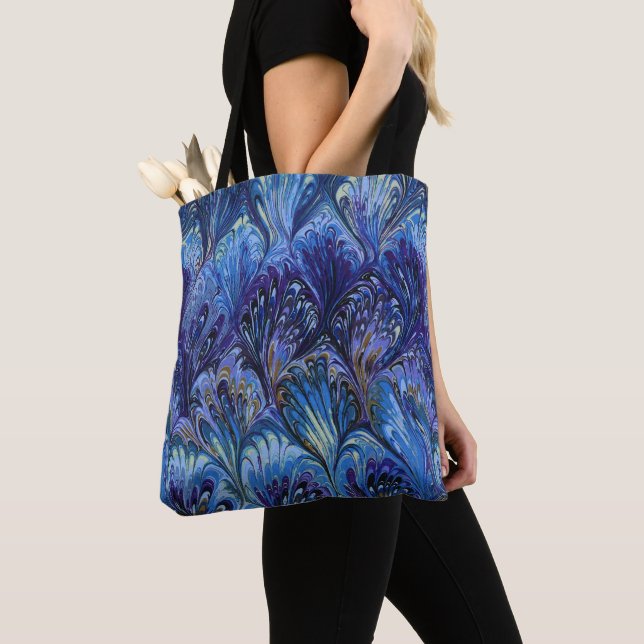 MARBLED PAPER,ABSTRACT BLUE PEACOCK PATTERN,SWIRLS TOTE BAG (Close Up)