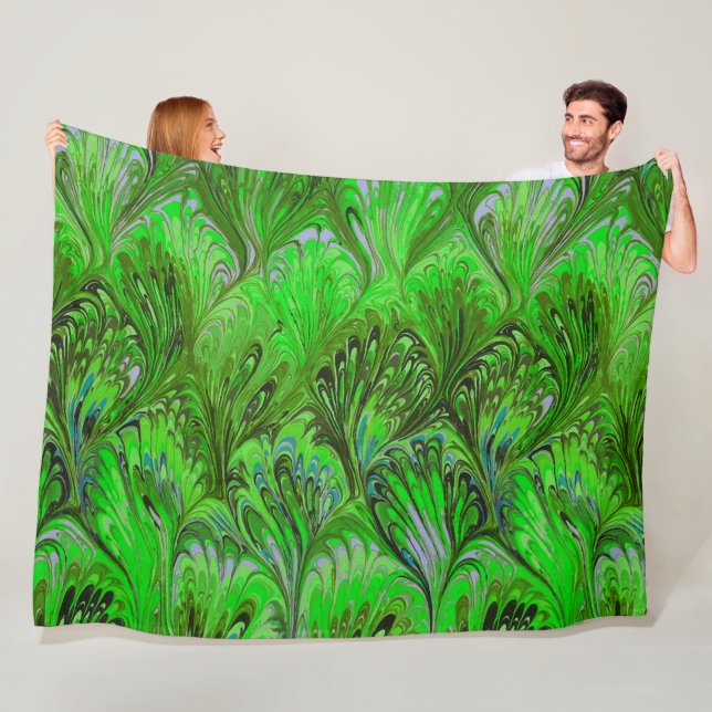MARBLED PAPER,ABSTRACT GREEN PEACOCK PATTERN,SWIRL FLEECE BLANKET (In Situ)