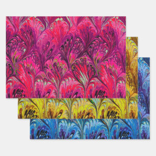 MARBLED PAPER,ABSTRACT PINK BLUE YELLOW PATTERN WRAPPING PAPER SHEET