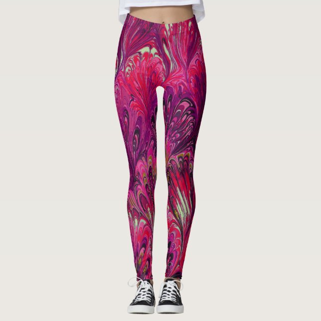 MARBLED PAPER,ABSTRACT PINK  PEACOCK PATTERN LEGGINGS (Front)