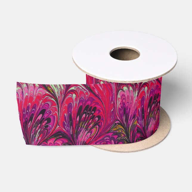 MARBLED PAPER,ABSTRACT PINK PEACOCK PATTERN  SATIN RIBBON (Spool)