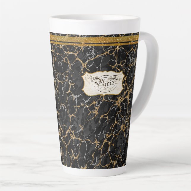 Marbled Paris Calligraphy Typography Black n Gold Latte Mug (Right Angle)