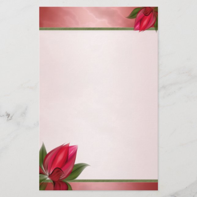 Marbled Pink Red Blooms Stationery (Front)
