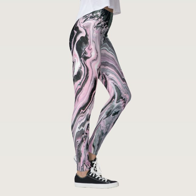 Marbled Poured Paint Pink Black Leggings (Right)