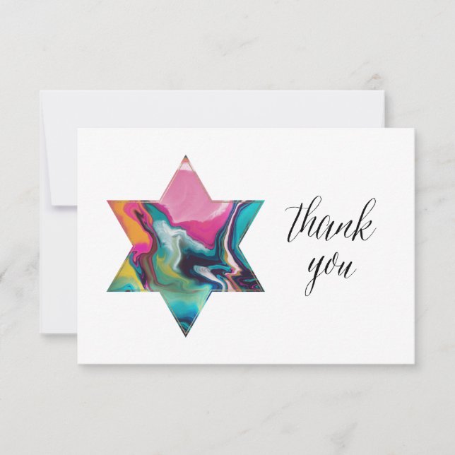 Marbled Rainbow Jewish Star Bat Mitzvah Thank You RSVP Card (Front)
