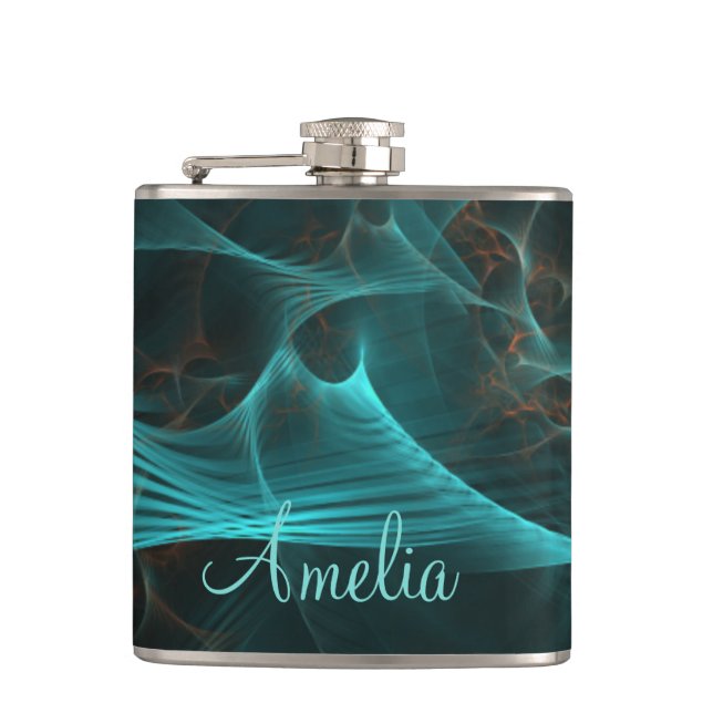 Marbled Silk Fractal Teal ID717 Hip Flask (Front)