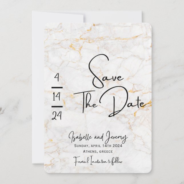 Marbled stone and gold save the date invitation  (Front)