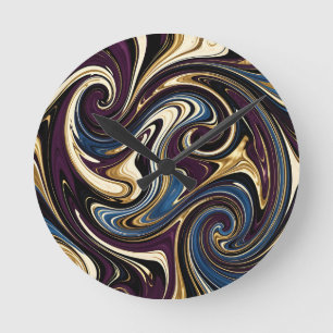 Marbled Swirl Purple Gold Blue Abstract Round Clock