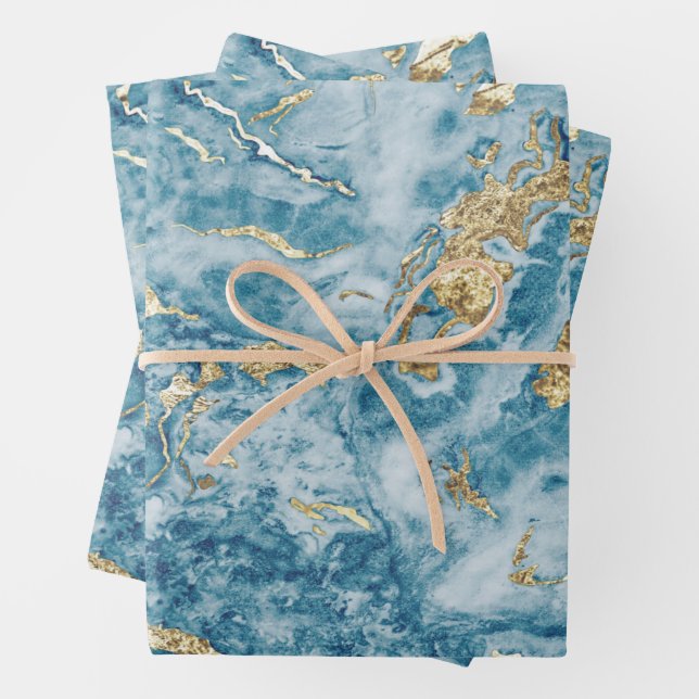 Marbled Swirls Blue Gold Wrapping Paper Sheet (In situ)