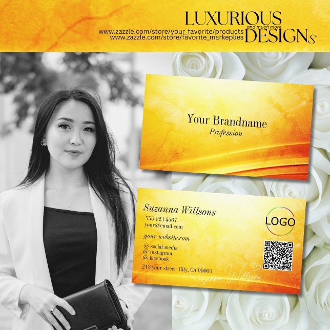 Marbled Yellow Orange Curved Decor Logo QR Code Business Card (Creator Uploaded)