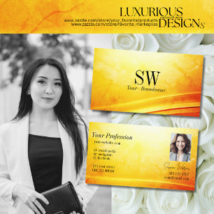 Marbled Yellow Orange Curved Decor Monogram Photo Business Card