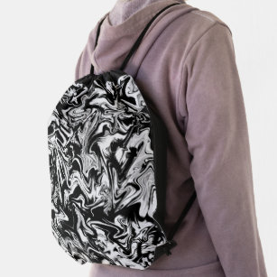 Marbleised Black and White Modern Abstract Artwork Drawstring Bag