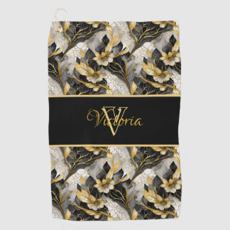 Marbleised Floral Gold & Black Personalised Golf Towel
