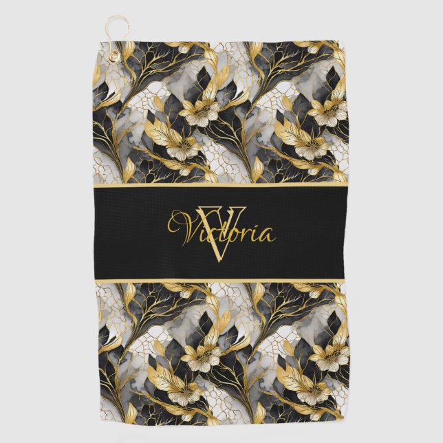 Marbleised Floral Gold & Black Personalised Golf Towel (Front)