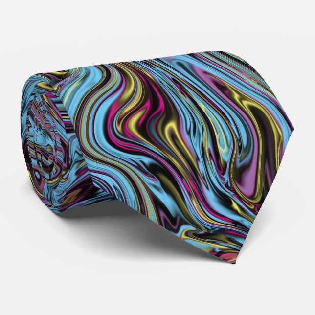 Marbleised Swirls of Black Yellow Pink Blue Colour Tie (Rolled)