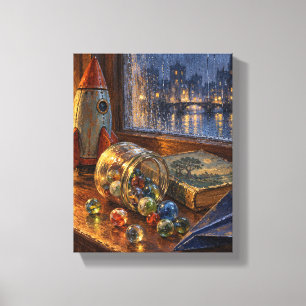 Marbles, Tin Rocket and Rainy Window Canvas Print