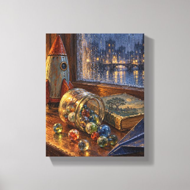 Marbles, Tin Rocket and Rainy Window Canvas Print (Front)