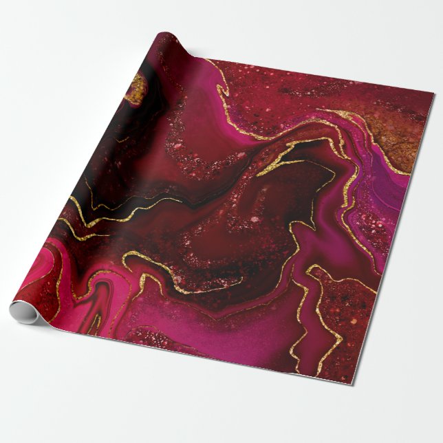 Marbling golden red design wrapping paper (Unrolled)