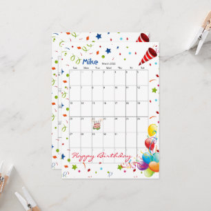 March 2022 Calendar Happy Birthday Invitation