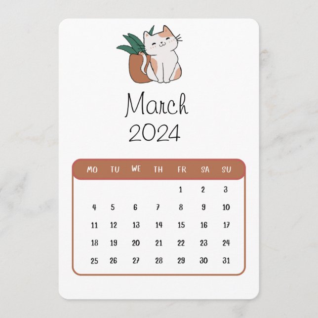 March 2024 Stand Alone Cute Cat And Plant Calendar Menu (Front)