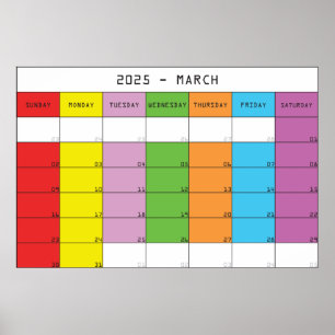 March 2025 colour days calendar planer poster