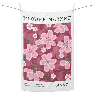 March Birth Flower Market Pink Sakura Cherry Print Tea Towel