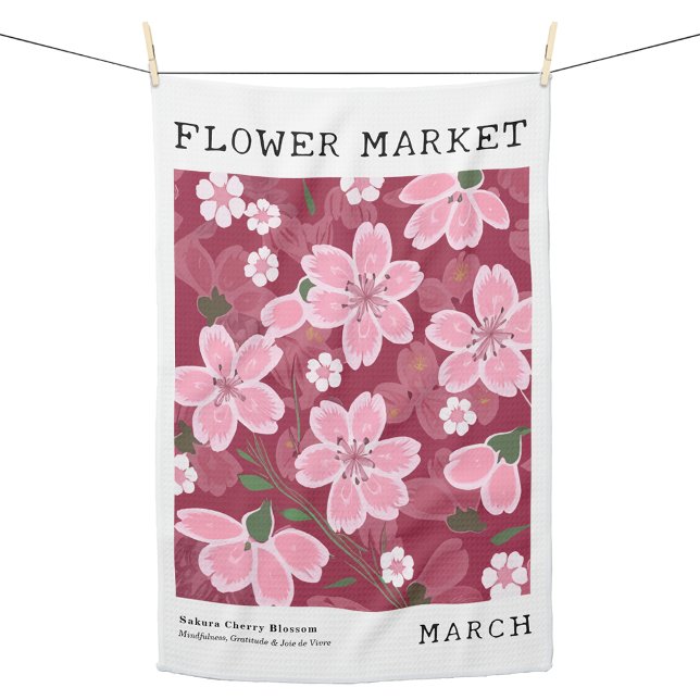 March Birth Flower Market Pink Sakura Cherry Print Tea Towel (Personalized March Birth Flower Market Kitchen Towel, Custom Floral Kitchen Towel, Sakura Cherry Art)