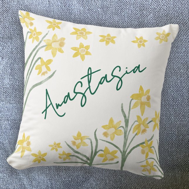 March Birth Month Daffodil Personalised Cushion (March Birth Month Flower daffodil personalized custom name script font watercolor birthday pillow)