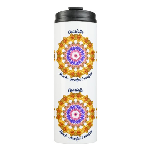 March Birth Month Flower Custom Mandala Zen Art Thermal Tumbler (Front)