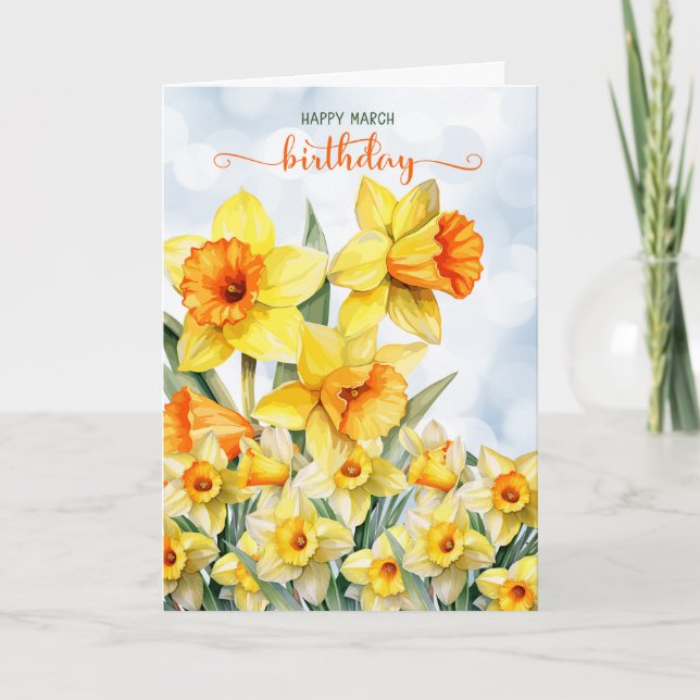 March Birthday Daffodil Garden with Sky Bokeh Card (Front)