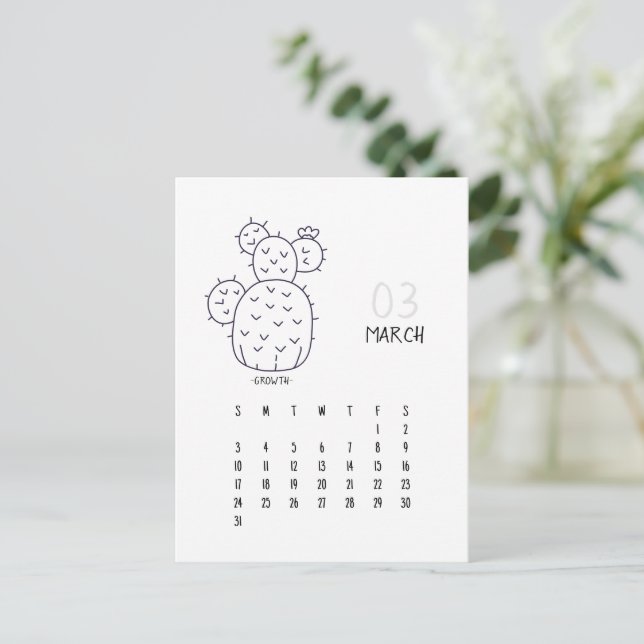 March Customisable Cactus 2024 Calendar Card (Standing Front)
