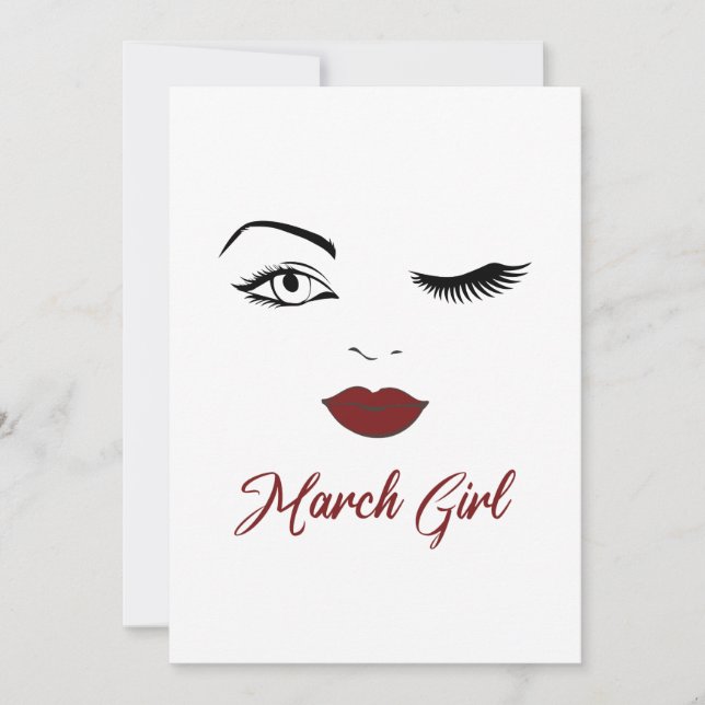 March Girl Eyes Cute Red Lips Wink Birthday Holiday Card (Front)