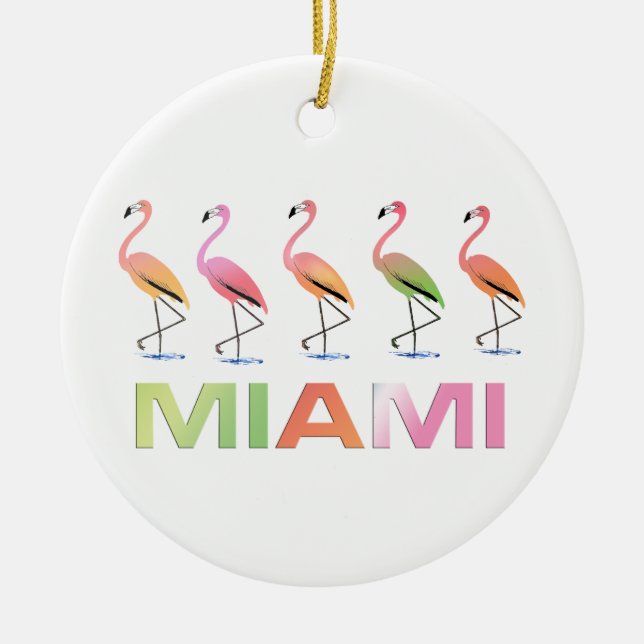 March of the Tropical Flamingos MIAMI Ceramic Tree Decoration (Front)